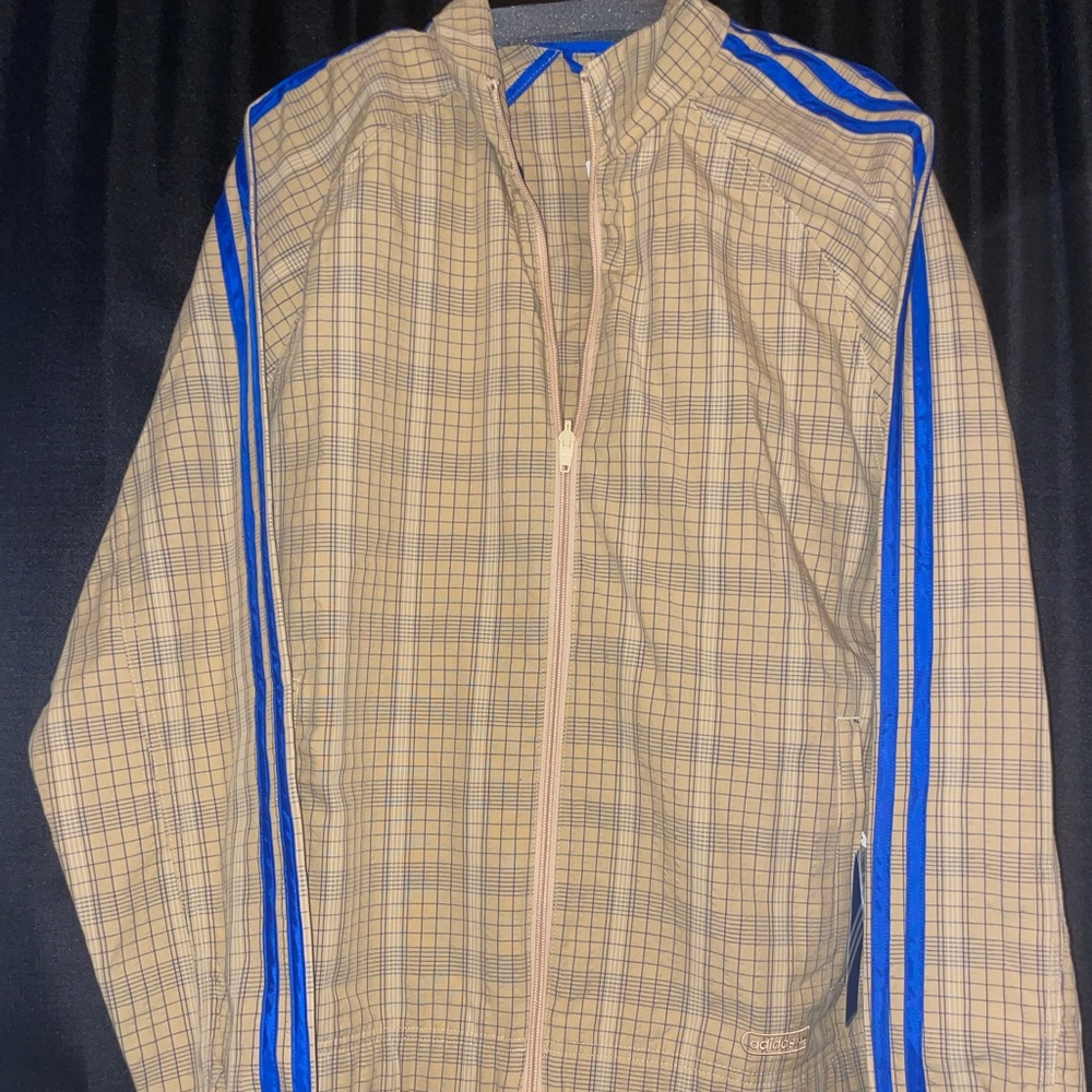 Adidas tan and blue track jacket